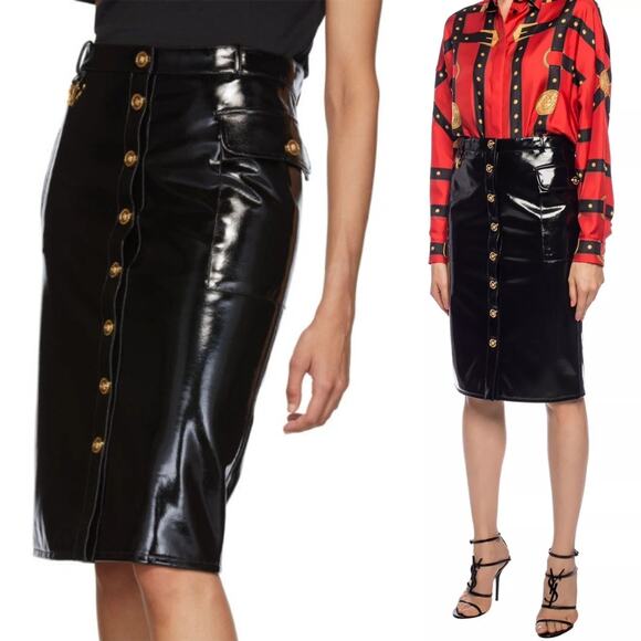 Versace Vinyl Midi Skirt Medusa Head Gold Buttons Black IT 40 US 4 - Picture 2 of 15